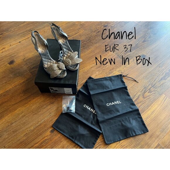 Authentic Chanel Silver Arget Leaf High Heel Evening Sandals 37 EU New In Box - Picture 1 of 6